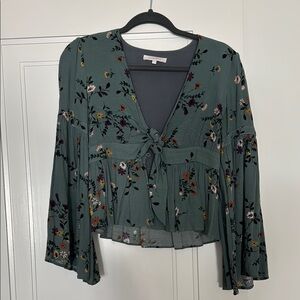 Olivaceous Green Bell Sleeve Tie Front Blouse